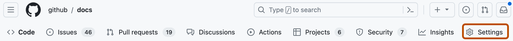 GitHub 리포지토리의 탭 스크린샷. "설정" 옵션이 진한 주황색으로 표시됩니다.