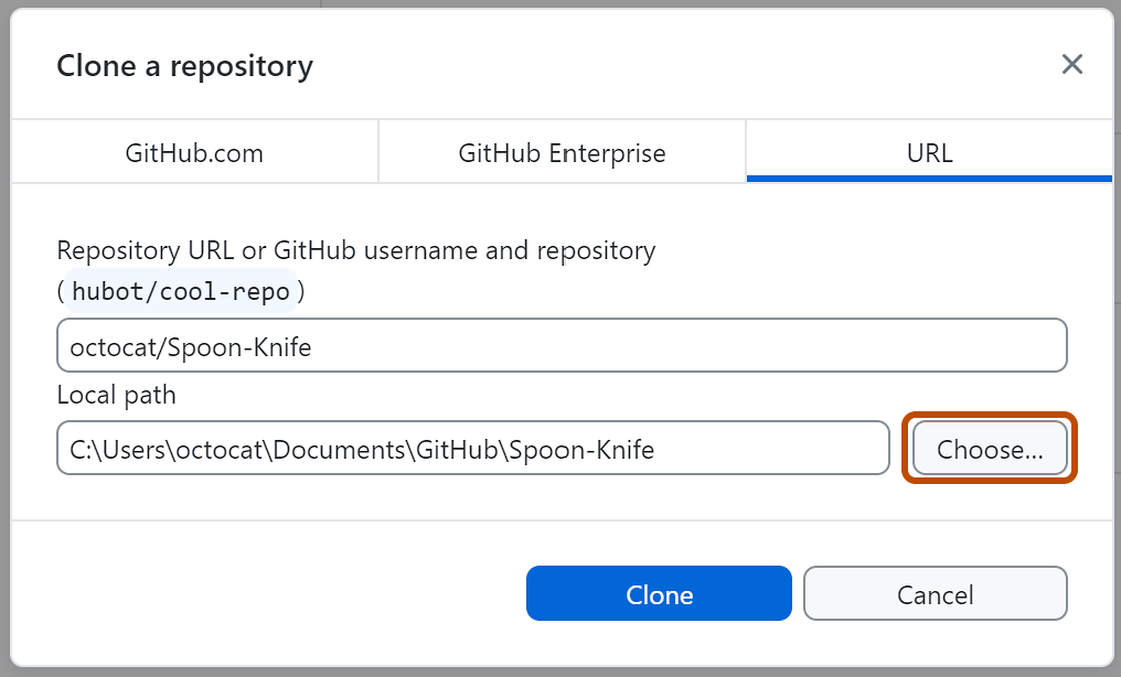 Screenshot of the "URL" tab of the "Clone a repository" window. A button, labeled "Choose", is highlighted with an orange outline.