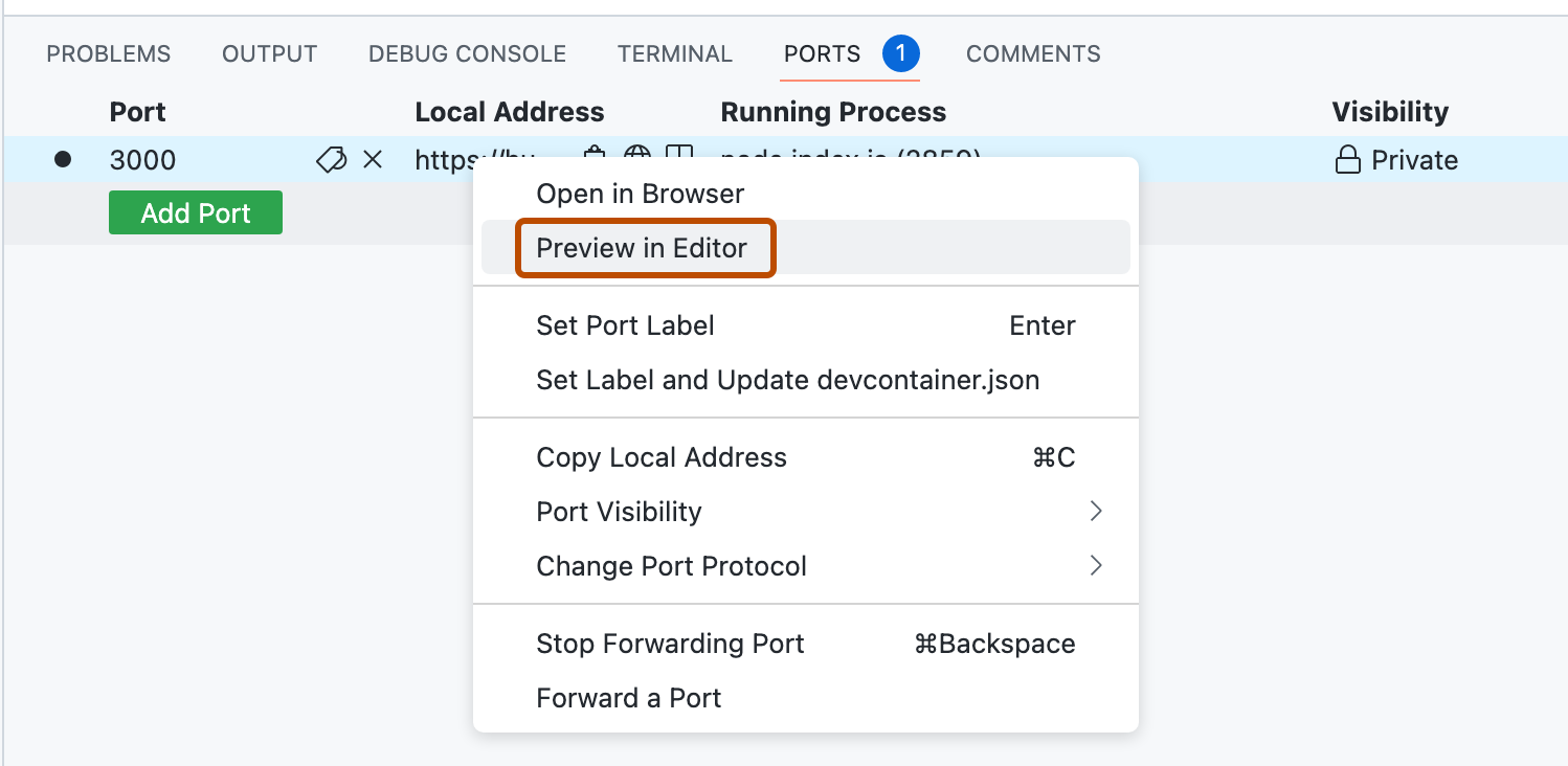 Capture d’écran du menu contextuel sous l’onglet Ports VS Code. L’entrée de menu « Aperçu dans l’éditeur » est mise en évidence avec un encadré orange foncé.