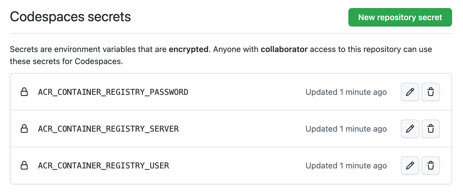 Captura de pantalla de la configuración "Secretos de Codespaces" para un repositorio. Se establecen tres secretos para ACR Container Registry.