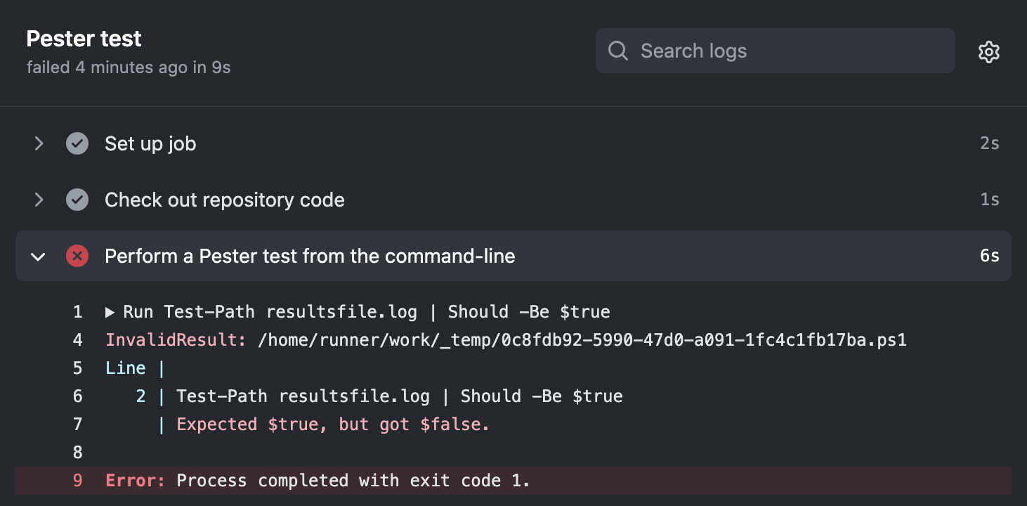 Screenshot: Workflowausführungsfehler für einen Pester-Test. Der Test meldet „Expected $true, but got $false“ und „Error: Process completed with exit code 1.“