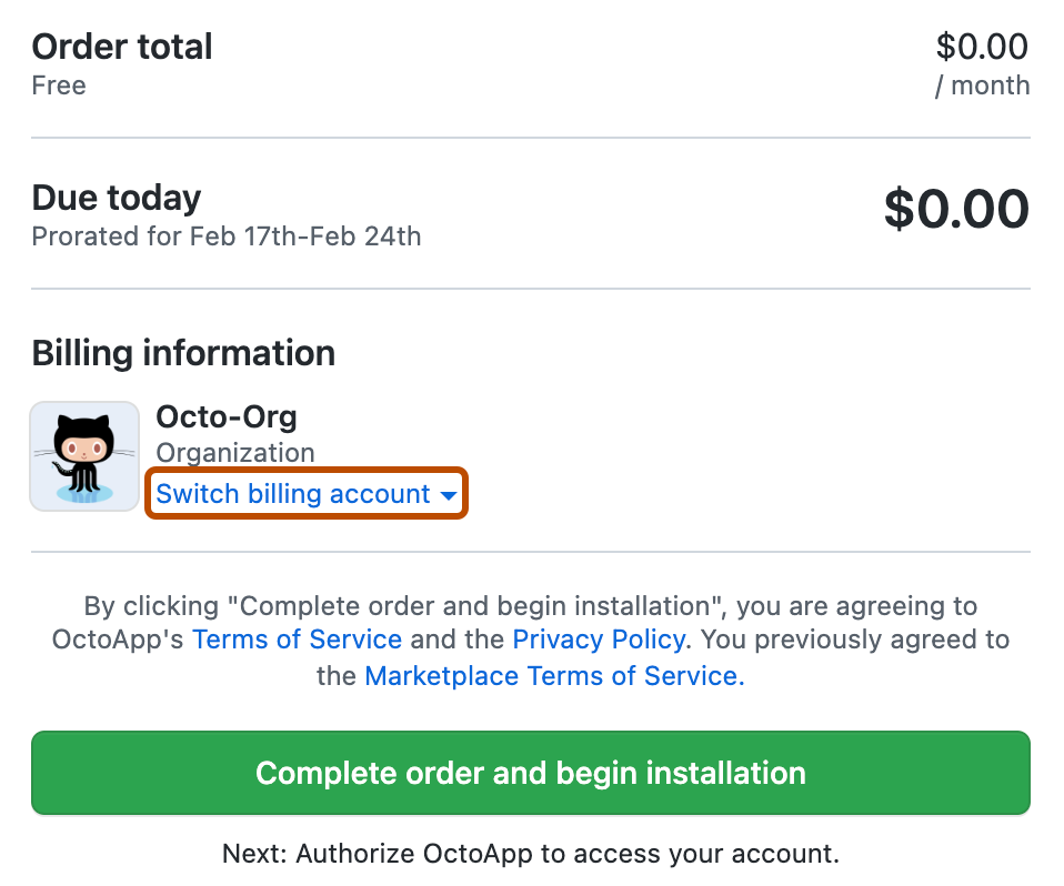 Captura de tela da tela de compra do aplicativo GitHub Marketplace. O menu suspenso azul recolhido rotulado como "Alternar conta de cobrança" está contornado em laranja escuro.