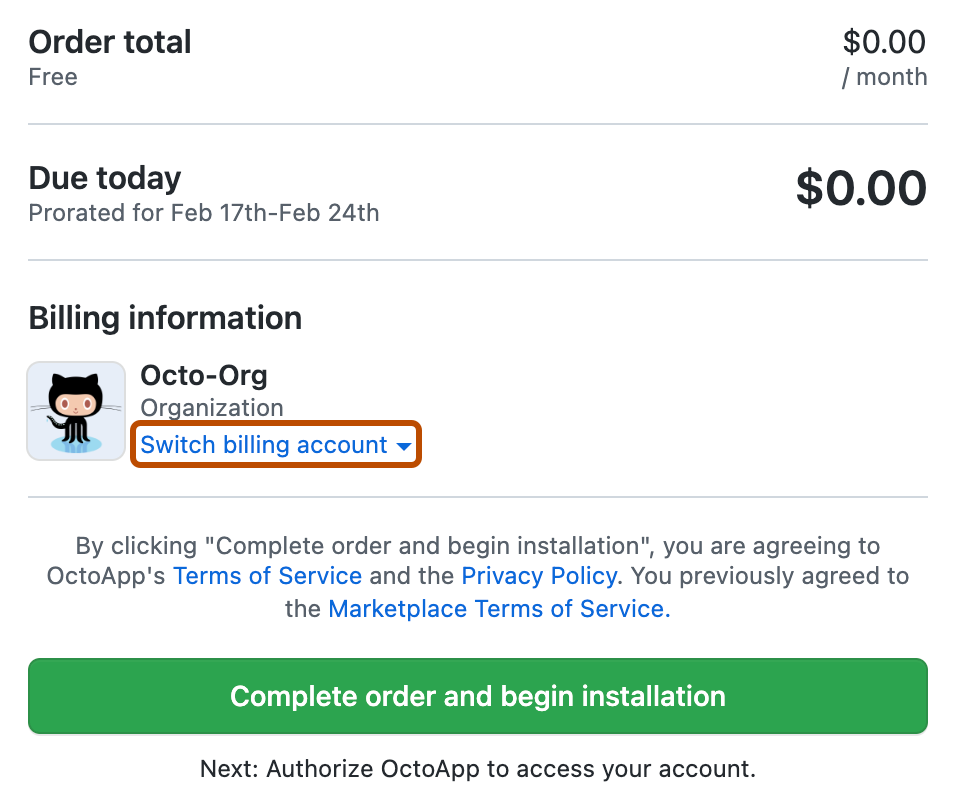 GitHub Marketplace 应用购买屏幕的屏幕截图。 标有“切换计费帐户”的蓝色折叠下拉菜单以深橙色标出。