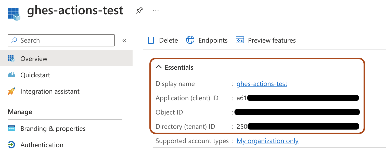 Screenshot of the "Overview" page in Azure. The first four items in the "Essentials" section are highlighted with an orange outline.