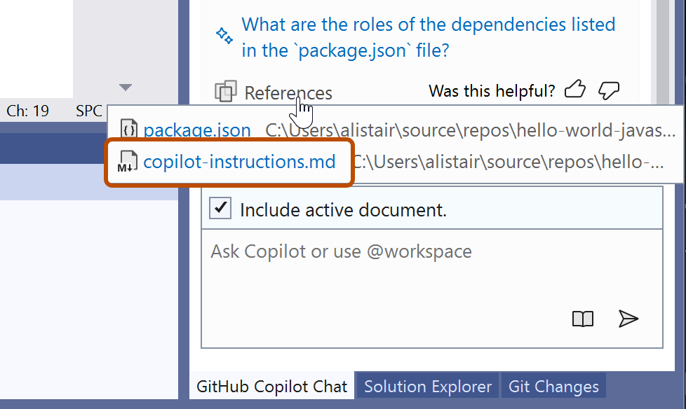 Screenshot of the References popup, showing the 'copilot-instructions.md' file highlighted with a dark organge outline.