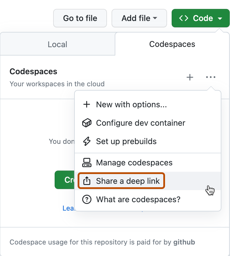 Captura de pantalla de la lista desplegable de opciones de la pestaña "Codespaces". La opción "Compartir un vínculo profundo" está resaltada con un contorno naranja.