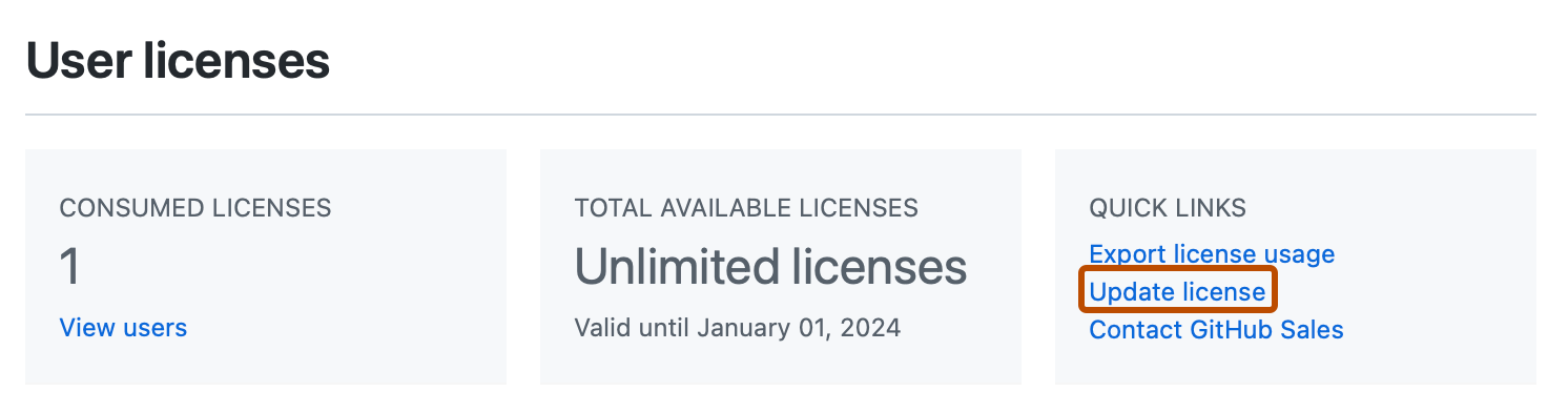 Captura de pantalla de la sección "Licencias de usuario" de la página "Licencia". Un vínculo, con la etiqueta "Actualizar licencia", está resaltado en naranja oscuro.