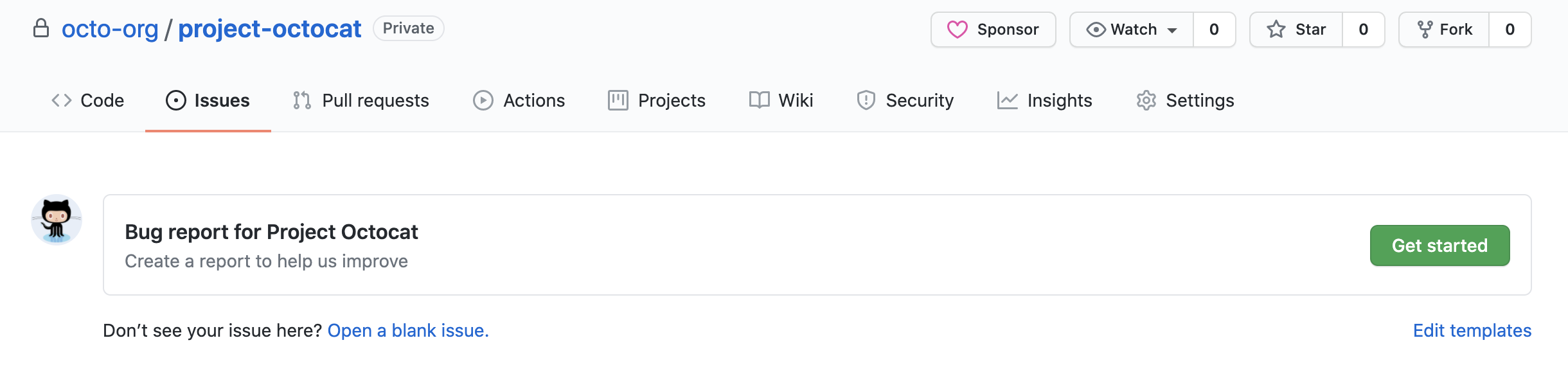 Screenshot of the "New issue" page for octo-org/project-octocat, with the option to use the "Bug report for Project Octocat" template.