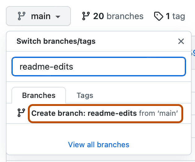 Снимок экрана: раскрывающийся список ветвей для репозитория. "Create branch: readme-edits from 'main'" выделен темно-оранжевым цветом.