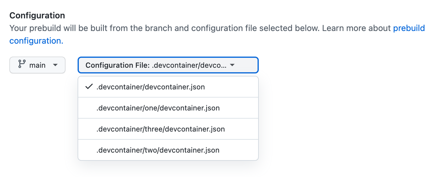 Screenshot of the configuration file dropdown menu. Four configuration files are listed, with ".devcontainer/devcontainer.json" currently selected.