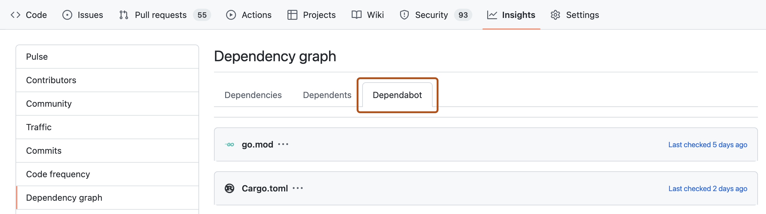 Captura de pantalla de la página Gráfico de dependencias. La pestaña con el nombre de "Dependabot", está resaltada con un contorno naranja.