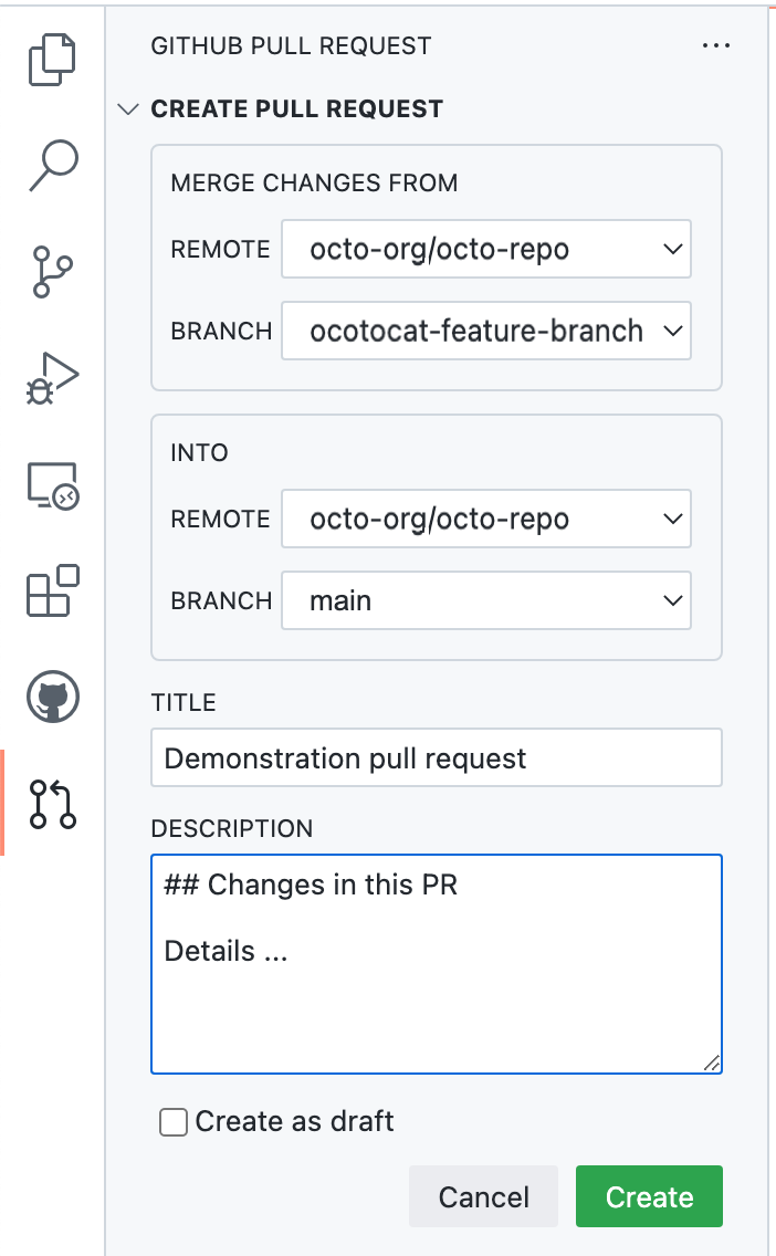 "제목" 및 "설명" 필드를 포함하여 끌어오기 요청을 만들기 위한 양식이 있는 "GitHub 끌어오기 요청" 사이드바의 스크린샷