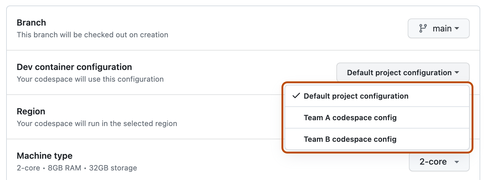 Capture d’écran de la liste déroulante « Configuration du conteneur de développement » avec le choix de la configuration par défaut sélectionné.