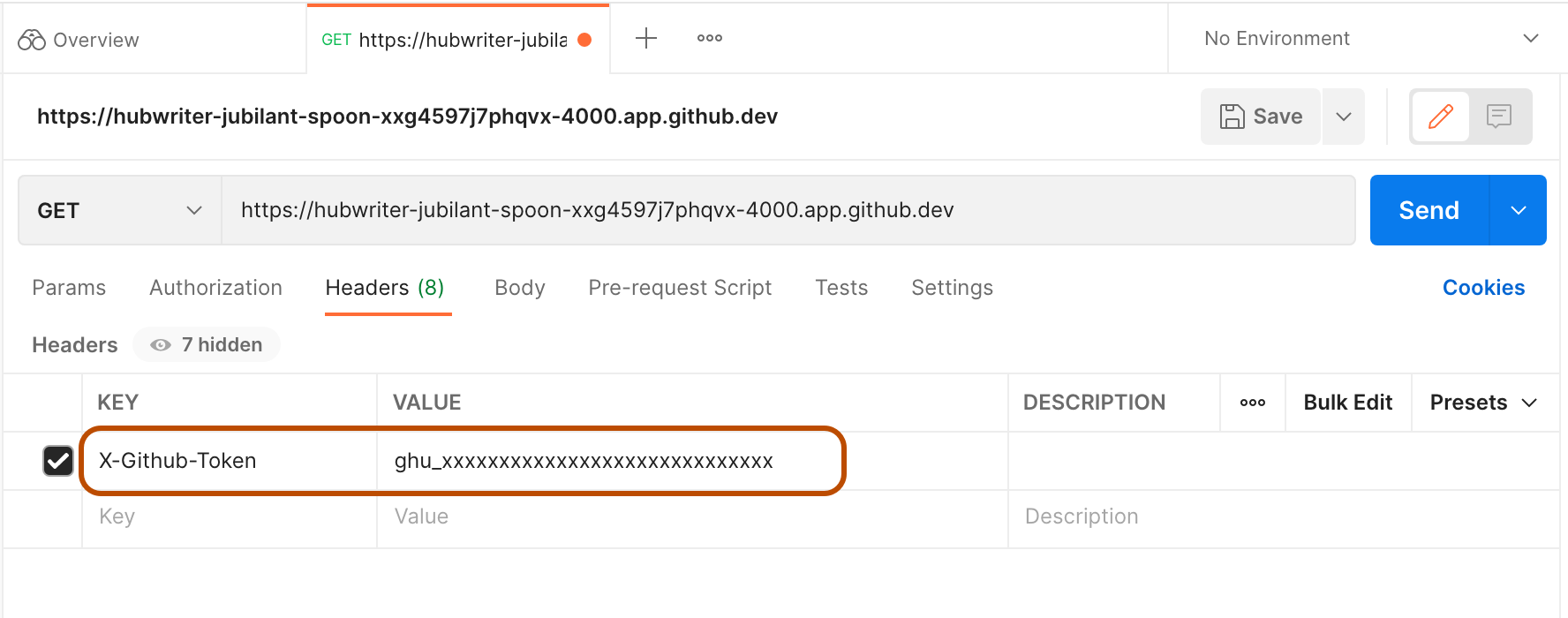  Screenshot of a dummy GITHUB_TOKEN, pasted into Postman as the value of the X-GitHub-Token key. The key and value are highlighted.