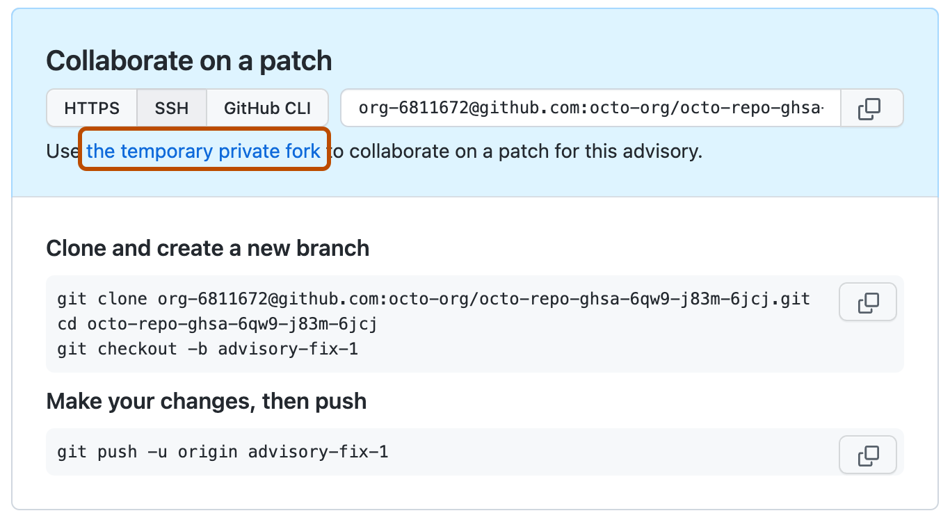 ドラフト セキュリティ アドバイザリの [パッチで共同作業する] 領域のスクリーンショット。 [一時的なプライベート フォーク] リンクが濃いオレンジ色で囲まれています。