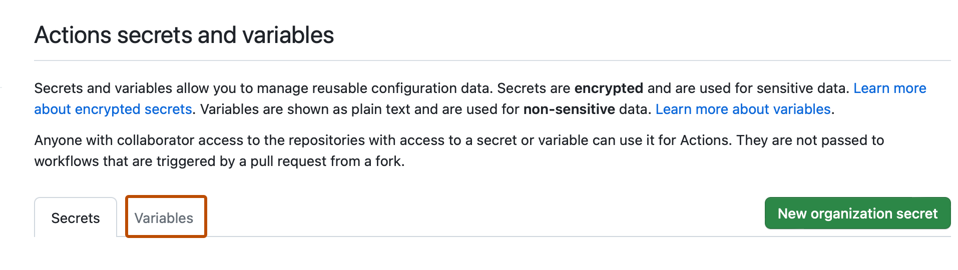 Capture d’écran de la page « Secrets et variables Actions ». Un onglet intitulé « Variables » est encadré en orange foncé.