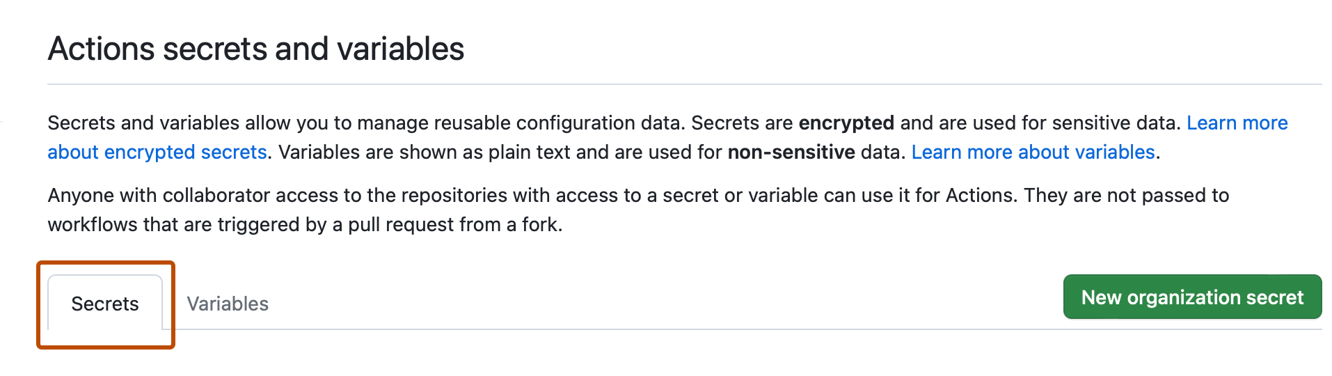 Capture d’écran de la page « Secrets et variables Actions ». Un onglet intitulé « Secrets » est encadré en orange foncé.