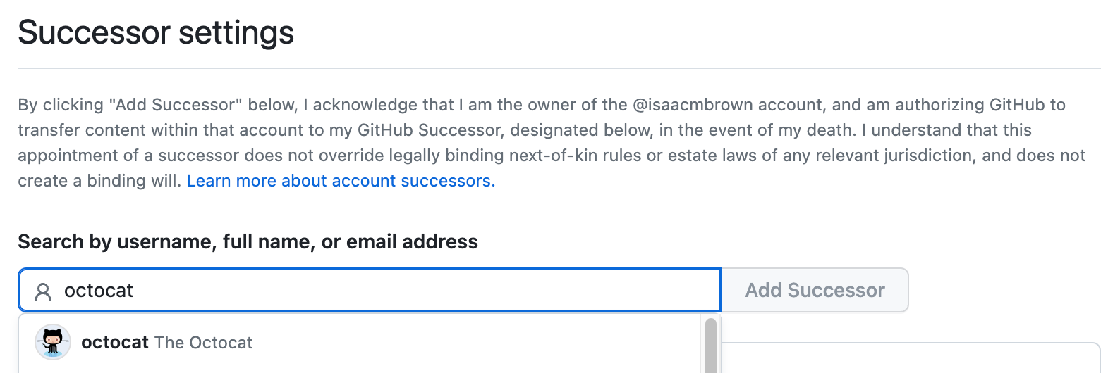 Screenshot of the "Successor settings" section. The string "octocat" is entered in a search field, and Octocat's profile is listed in a dropdown below.