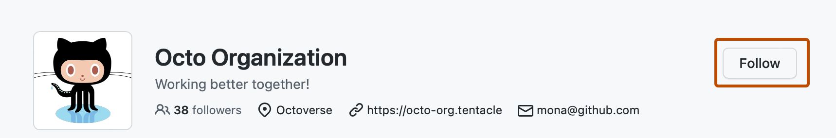 Captura de tela da página de perfil de @octo-org. Um botão, rotulado como "Seguir", está contornado em laranja escuro.