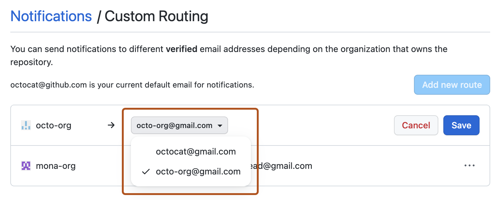 Screenshot of the "Custom Routing" page. A dropdown menu, showing a user's available email addresses, is highlighted with an orange outline.