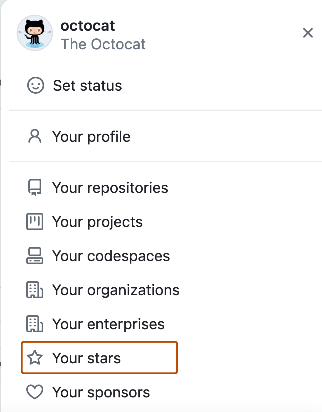 Capture d’écran du menu de profil pour octocat. L’option « Vos étoiles » est mise en surbrillance avec un encadré orange.