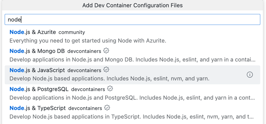 Captura de pantalla de la lista desplegable "Agregar archivos de configuración de contenedor de desarrollo", que muestra la opción "Node.js y JavaScript".
