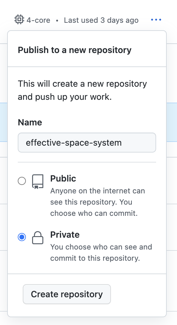 Screenshot of the "Publish to a new repository" dropdown, with the "Name" field, "Public" and "Private" options, and "Create repository" button.