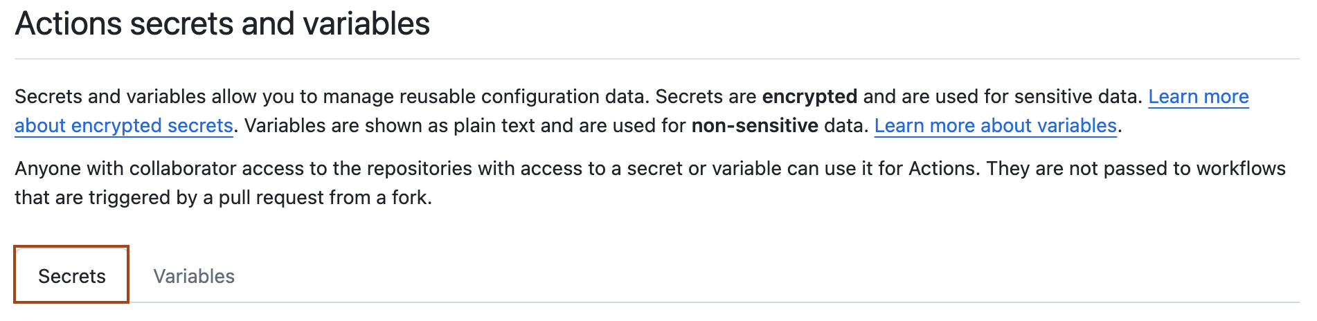 Screenshot of the "Actions secrets and variables" page.
