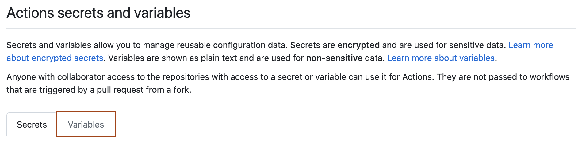 Screenshot of the "Actions secrets and variables" page. The "Variables" tab is highlighted with a dark orange outline.