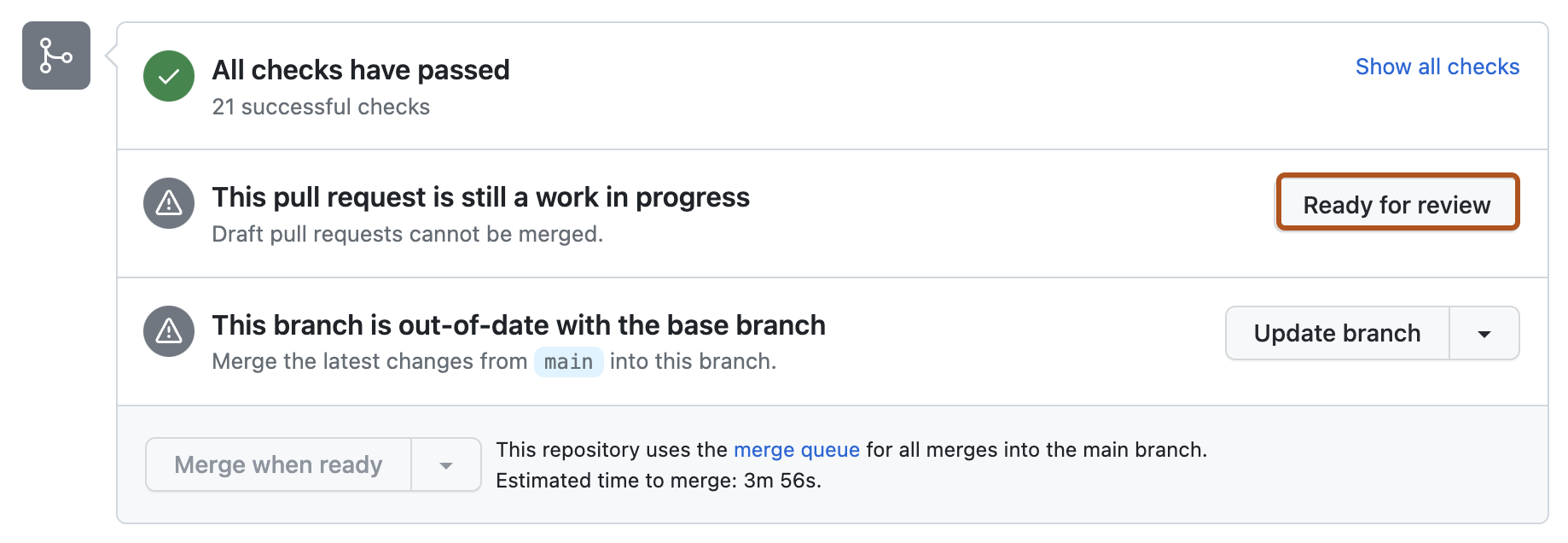 pull request のマージ ボックスのスクリーンショット。 [レビュー準備完了] ボタンが濃いオレンジ色の枠線で囲まれています。