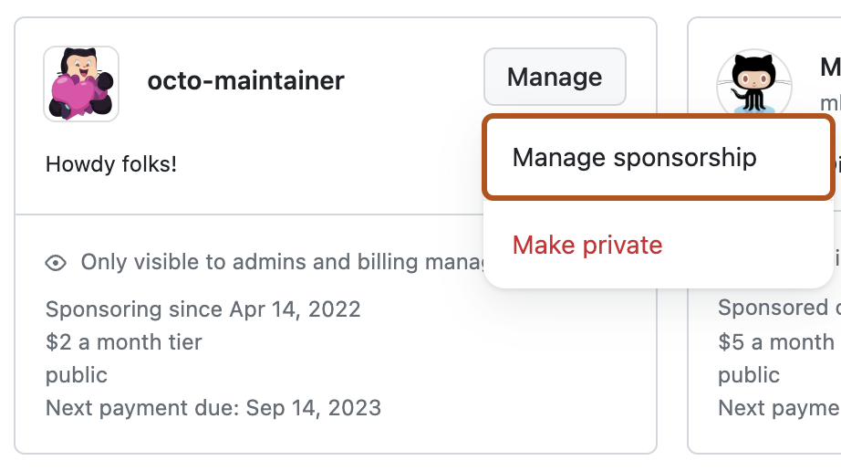 Screenshot of a sponsorship. The "Manage" dropdown menu is expanded and "Manage sponsorship" is outlined in dark orange.