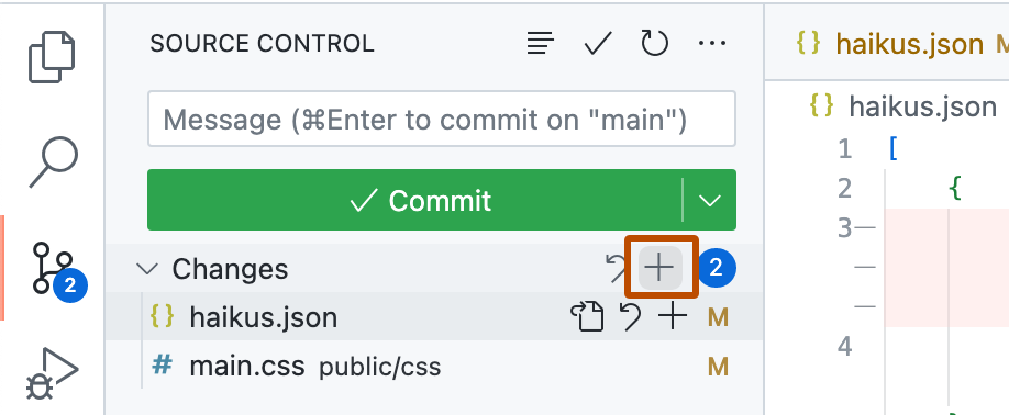 Screenshot of the "Source control" side bar with the staging button (a plus sign), to the right of "Changes," highlighted with a dark orange outline.