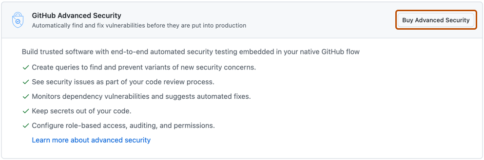 Enterprise ライセンス画面の GitHub Advanced Security セクションのスクリーンショット。 [Advanced Security を購入する] ボタンが、オレンジ色の枠線で示されています。