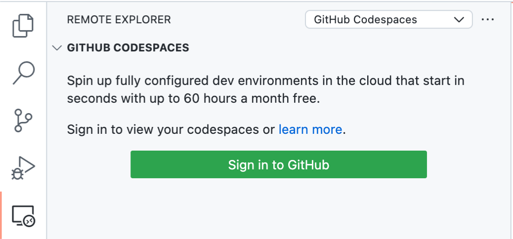 Captura de pantalla de la barra lateral "Explorador remoto" para "GitHub Codespaces" donde aparece el botón "Iniciar sesión en GitHub".