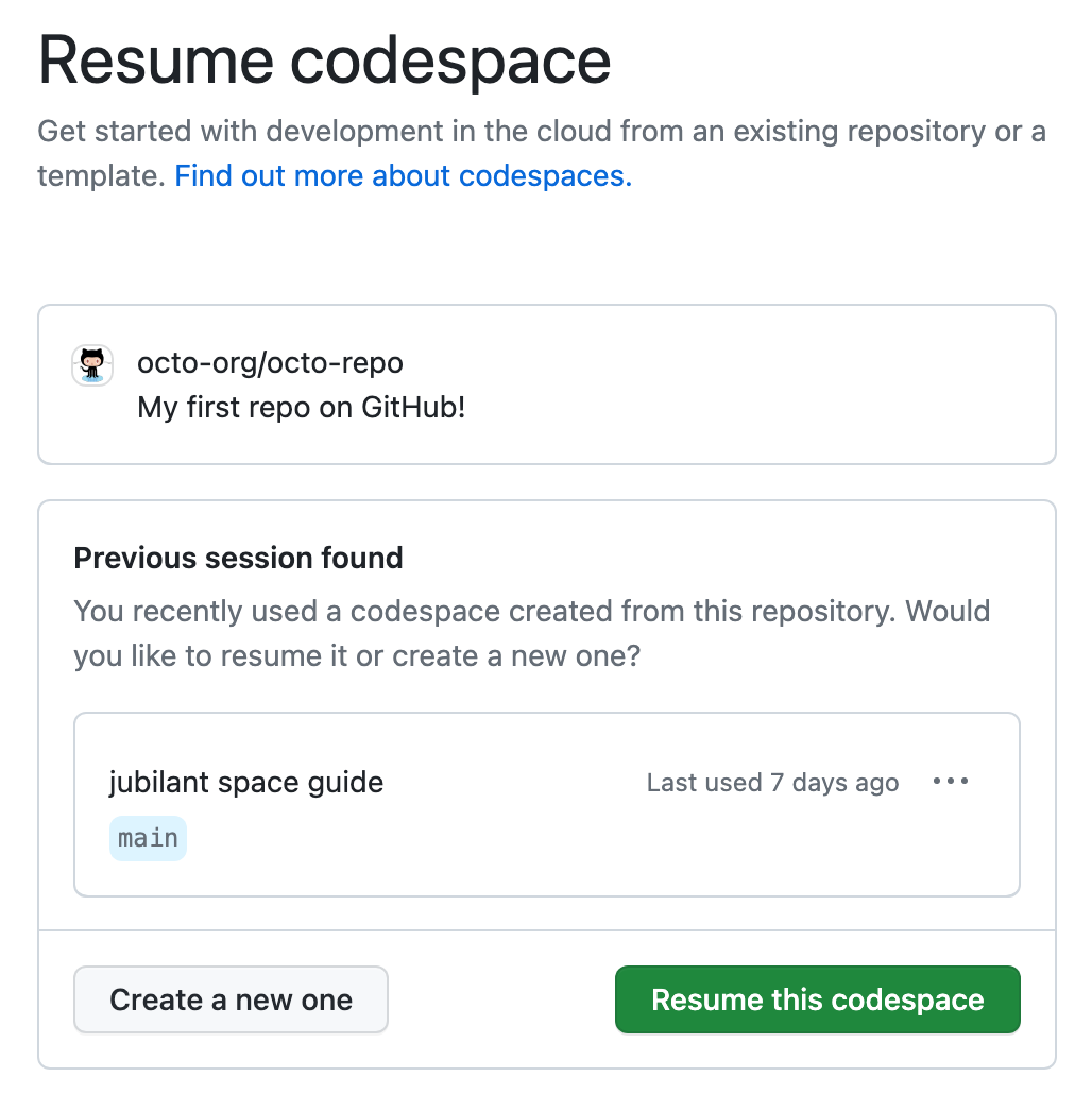 Screenshot: Seite „Codespace fortsetzen“ mit den Schaltflächen „Diesen Codespace fortsetzen“ und „Neuen Codespace erstellen“.