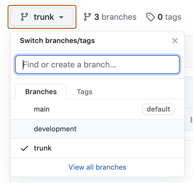 Captura de tela do menu suspenso do branch expandido, listando vários branches. O menu suspenso, rotulado com um ícone de branch e "trunk" está realçado com um contorno laranja escuro.