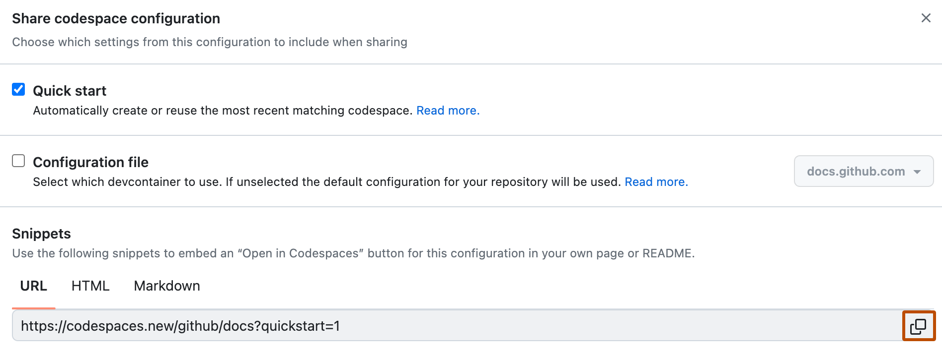 "codespace 구성 공유" 창의 스크린샷입니다. "새 codespace" URL 옆에 겹쳐진 두 사각형의 아이콘이 주황색으로 표시됩니다.