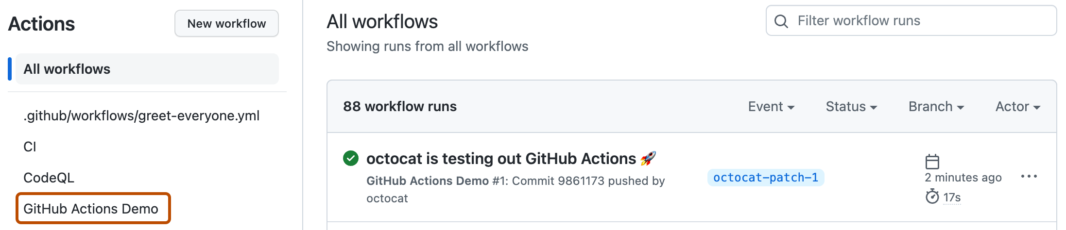 "동작(Actions)" 페이지 스크린샷. 예시 워크플로의 이름인 "GitHub Actions 데모모"는 진한 주황색 윤곽선으로 강조 표시됩니다.