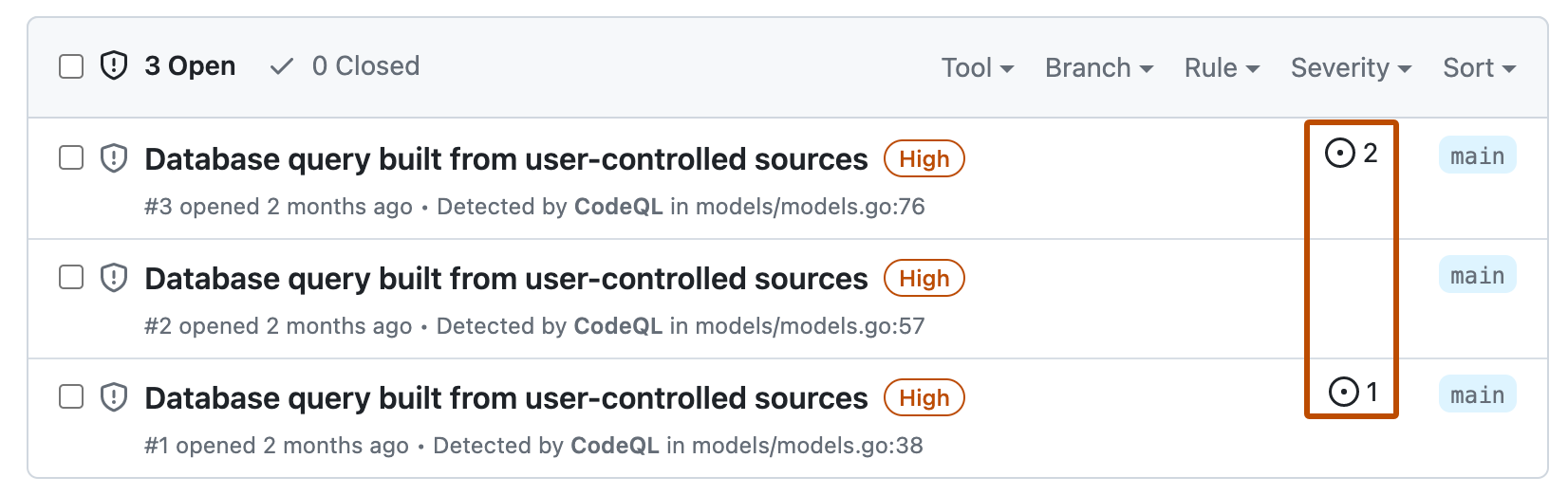 Captura de tela da exibição de alertas da code scanning. A primeira entrada inclui o ícone de problema seguido do número 2. A terceira entrada inclui o ícone de problema seguido do número 1. Ambas são realçadas em laranja escuro.