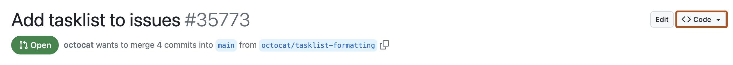 Screenshot: Titel eines Pull Requests Eine Schaltfläche mit einem Pfeil, der auf ein Dropdownmenü mit der Bezeichnung „Code“ hinweist, ist dunkelorange umrandet.