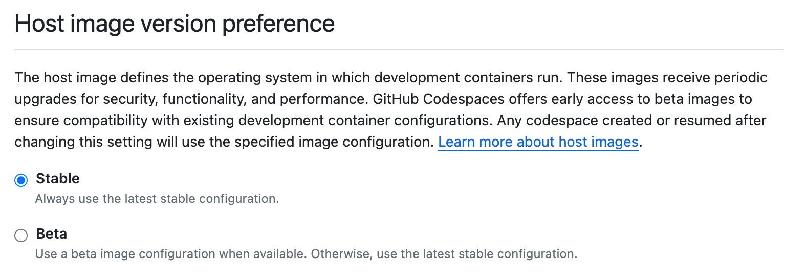 Screenshot of the "Host image version preference" options, with "Stable" selected.