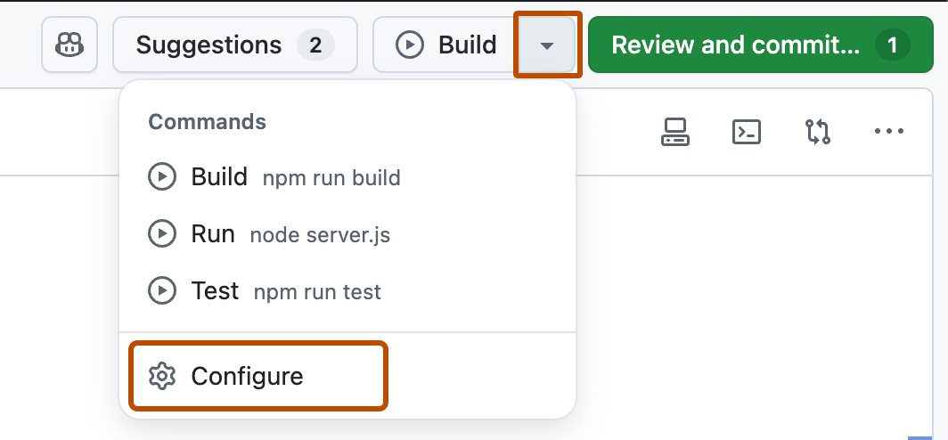 Screenshot of the "Commands" dropdown menu with the "Configure" option highlighted with a dark orange outline.