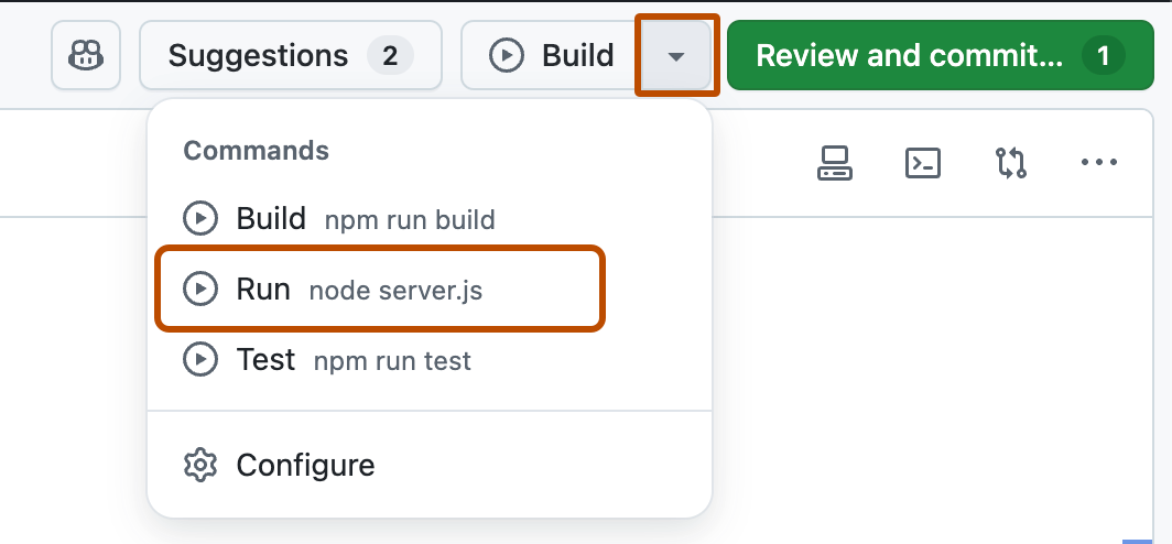 Screenshot of the "Commands" dropdown menu with the "Run" option highlighted with a dark orange outline.