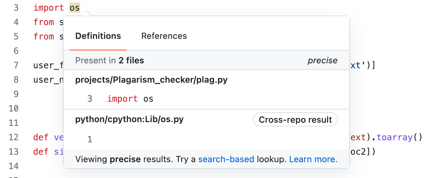 GitHub のコード ファイルのスクリーンショット。 行 "import o.s." で、モジュール名 "o.s." が強調表示され、[定義] モーダルに "cross-repo result" というタグが付いた結果が表示されています。