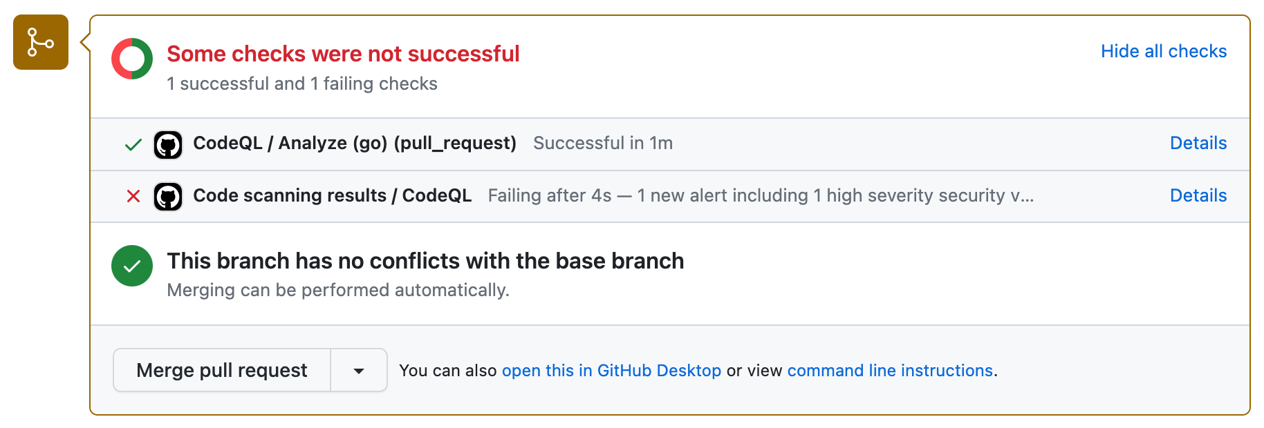 Screenshot: Mergefeld für einen Pull Request. Die Überprüfung der „Ergebnisse der Codeüberprüfung / CodeQL“ zeigt die Information „1 neue Warnung, die 1 schwerwiegendes Sicherheitsproblem enthält ...“ an.