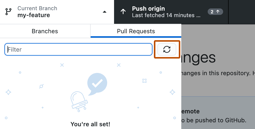 Снимок экрана: вкладка "Запросы на вытягивание". Кнопка со значком двух стрелок, образующих круг, выделена оранжевым контуром.
