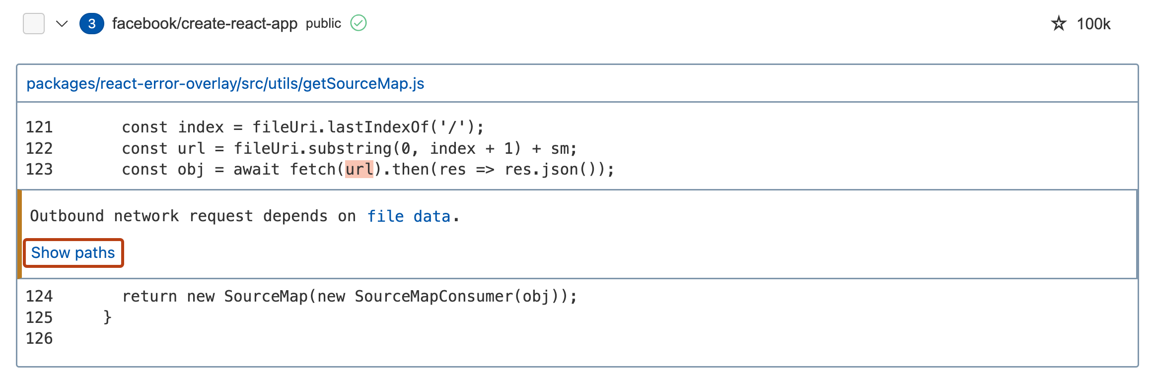 GitHub ソース ファイルへの青いリンクが表示された [バリアント分析結果] ビューのスクリーンショット。 [パスの表示] リンクが濃いオレンジ色の枠線で強調表示されています。