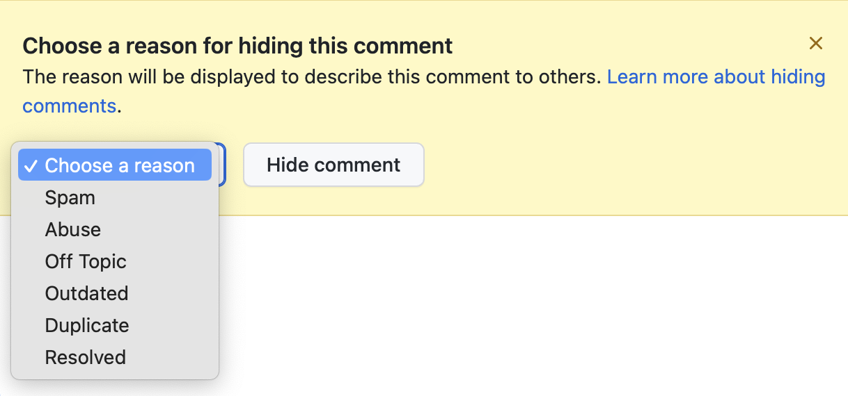 GitHub 评论的屏幕截图，其中显示了一个菜单，用于选择隐藏评论的原因：“垃圾邮件”、“滥用”、“离题”、“过时”、“重复”或“已解决”。