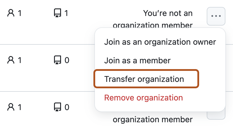 Screenshot of an organization in the organization list. A dropdown menu, labeled with the kebab icon, is expanded and the "Transfer organization" option is highlighted with an orange outline.