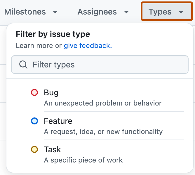issue の一覧のスクリーンショット。 一覧の上にあるヘッダーで、[種類] というラベルの付いたドロップダウン メニューが濃いオレンジ色で囲まれており、[issue の種類] メニューが開いています。